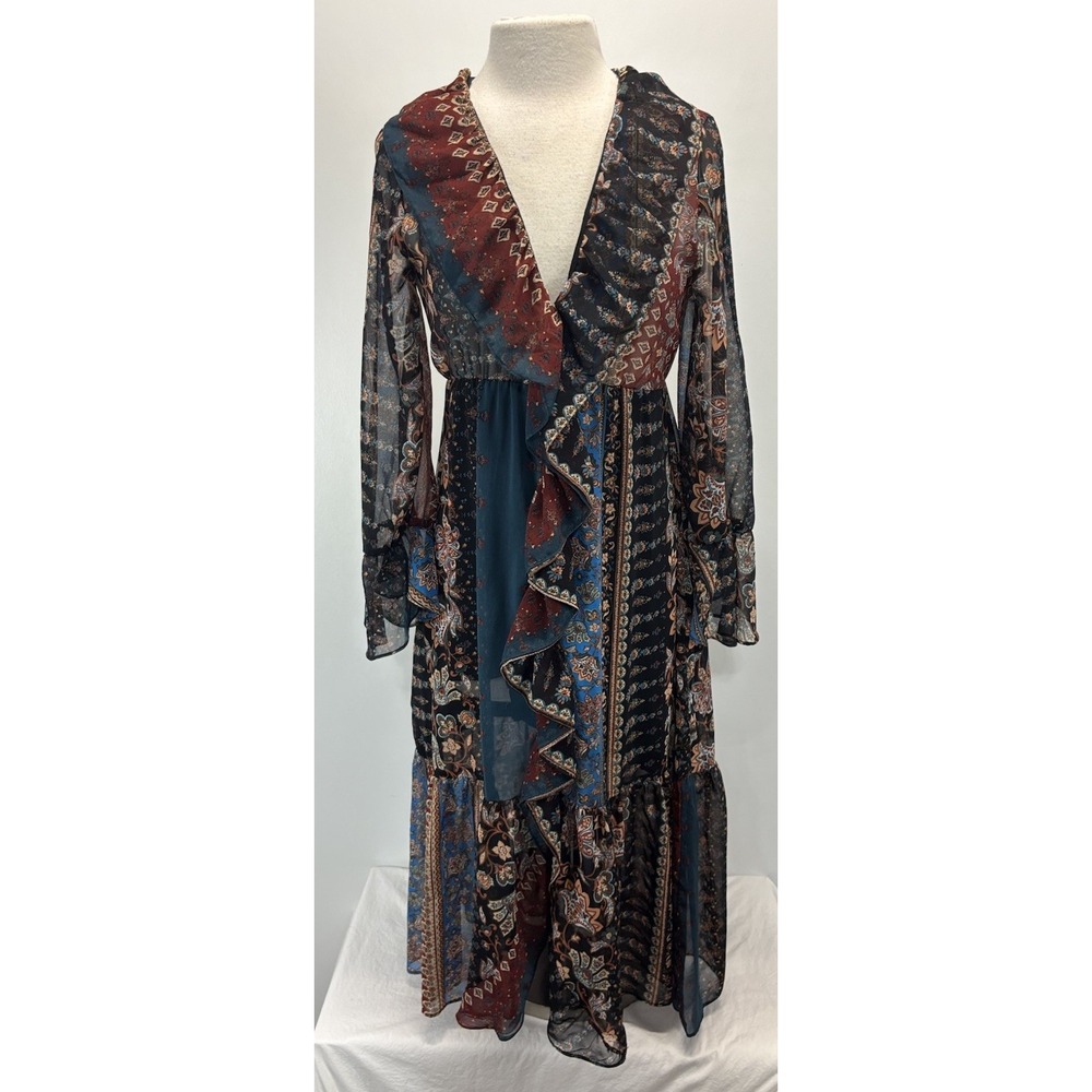 Zara Patchwork Maxi Dress Sz Medium Boho Ruffle Trim Forest Fairy Vneck